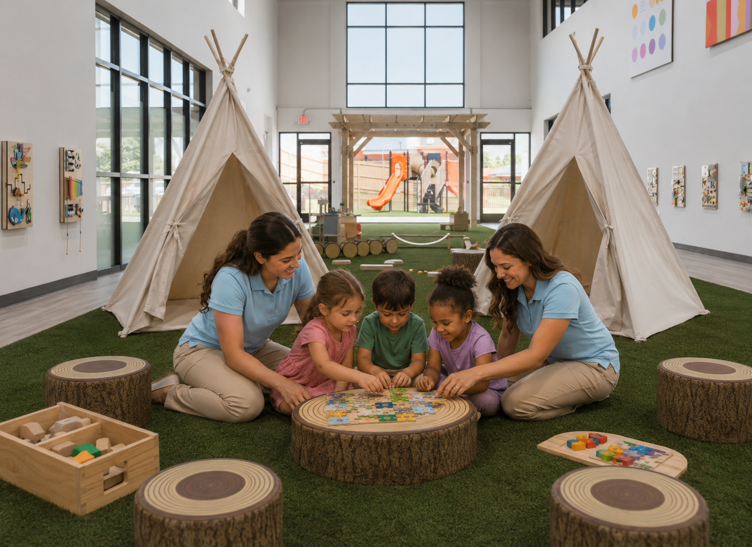 Children playing and learning together with their teacher in a bright classroom