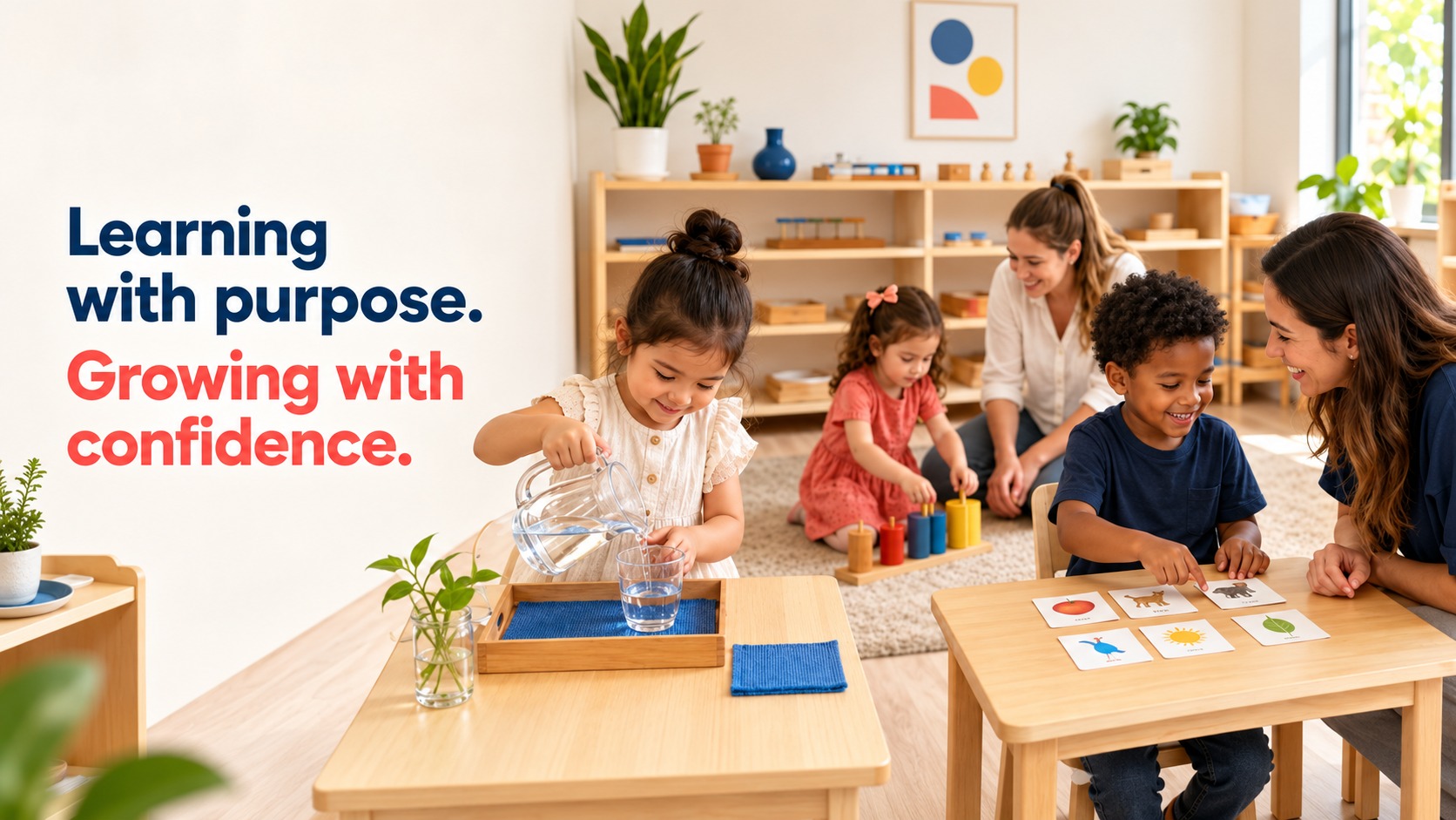 Learning with purpose. Growing with confidence. — children and educators in a Montessori-style classroom